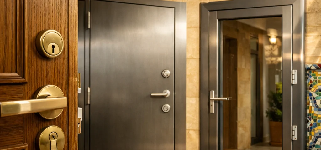 Entrada soleada en Barcelona con puertas blindadas; destaca la pregunta: Cuales son las puertas blindadas mas recomendadas en Barcelona.