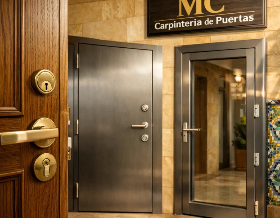 Entrada soleada en Barcelona con puertas blindadas; destaca la pregunta: Cuales son las puertas blindadas mas recomendadas en Barcelona.