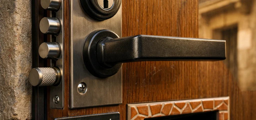 Puerta acorazada de Barcelona con detalles en madera, metal y cerámica, evocando seguridad y resistencia.