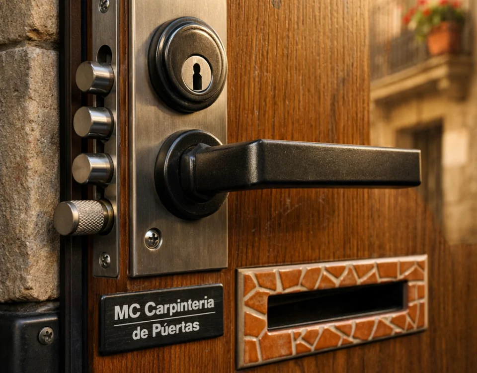Puerta acorazada de Barcelona con detalles en madera, metal y cerámica, evocando seguridad y resistencia.