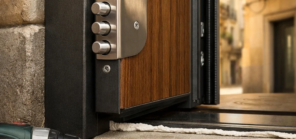 Puerta acorazada recién instalada en un umbral de Barcelona, con detalles de instalación y un ambiente soleado y acogedor. Necesito comprar puertas acorazadas con instalación en Barcelona donde puedo hacerlo.