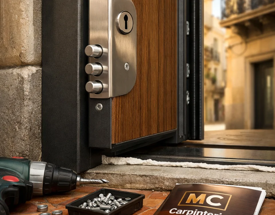 Puerta acorazada recién instalada en un umbral de Barcelona, con detalles de instalación y un ambiente soleado y acogedor. Necesito comprar puertas acorazadas con instalación en Barcelona donde puedo hacerlo.