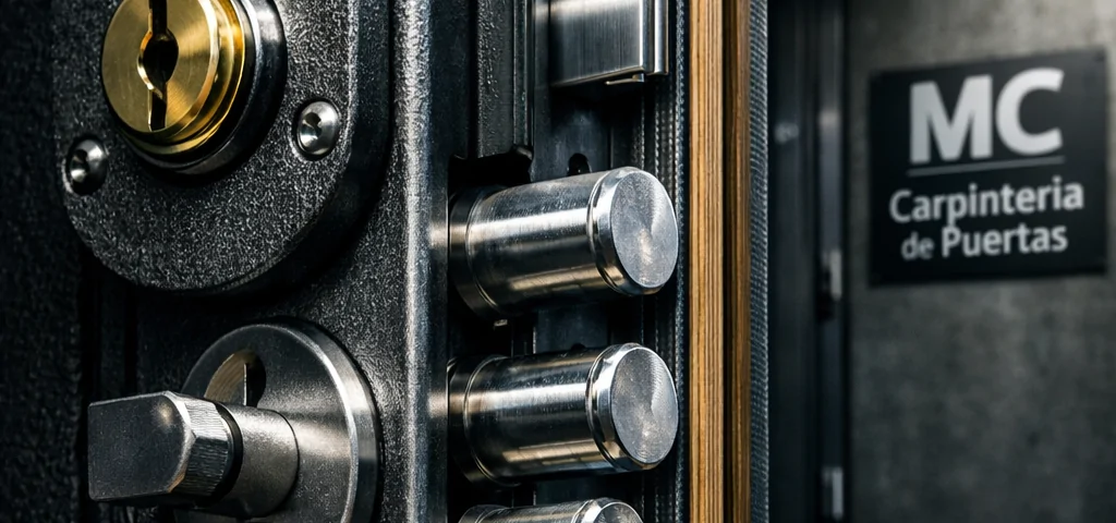 Primer plano de una puerta acorazada con cerraduras robustas; características clave para mayor seguridad.
