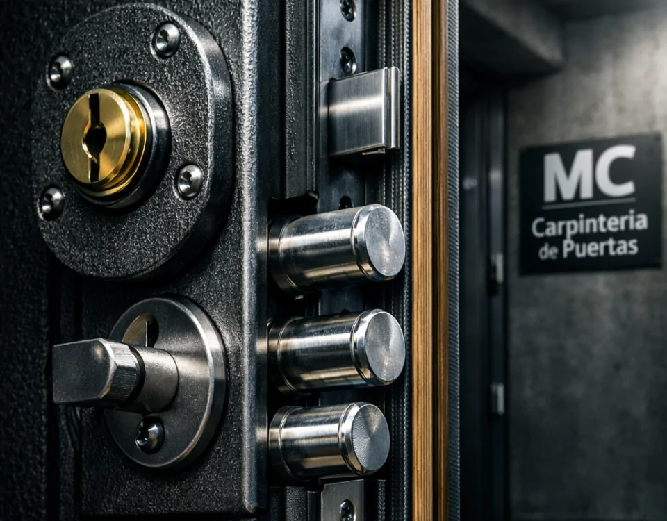 Primer plano de una puerta acorazada con cerraduras robustas; características clave para mayor seguridad.