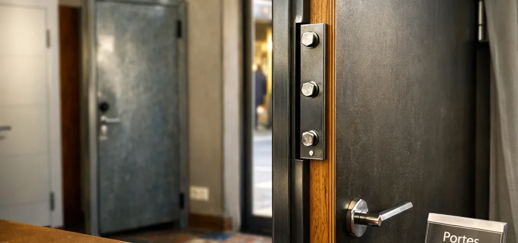 Puerta blindada de acero y madera en un showroom de Barcelona, con luz suave y ambiente seguro. Donde puedo comprar puertas blindadas a buen precio en Barcelona.