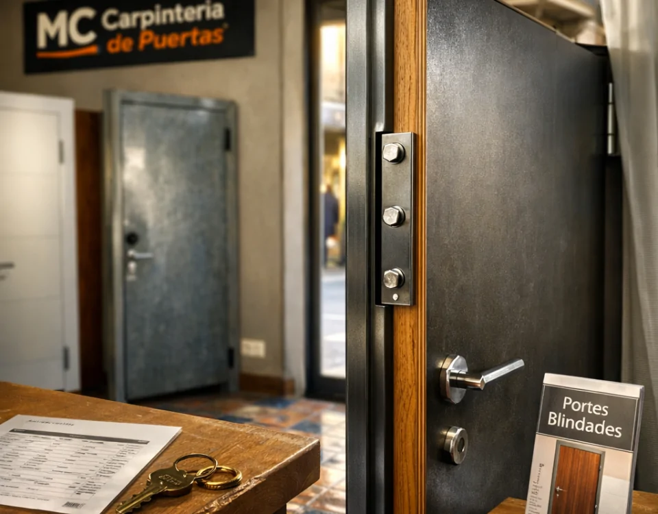 Puerta blindada de acero y madera en un showroom de Barcelona, con luz suave y ambiente seguro. Donde puedo comprar puertas blindadas a buen precio en Barcelona.
