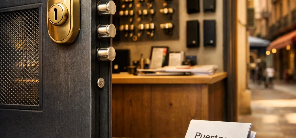 Puerta de seguridad en una tienda de Barcelona, con llaves y folleto "A que tiendas en Barcelona puedo acudir para instalar puertas acorazadas".