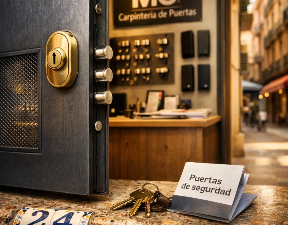 Puerta de seguridad en una tienda de Barcelona, con llaves y folleto "A que tiendas en Barcelona puedo acudir para instalar puertas acorazadas".