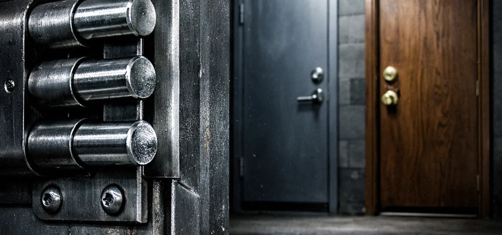 Fotografía tensa de puertas de seguridad: comparativa entre puertas acorazadas y otros tipos en un corredor industrial.