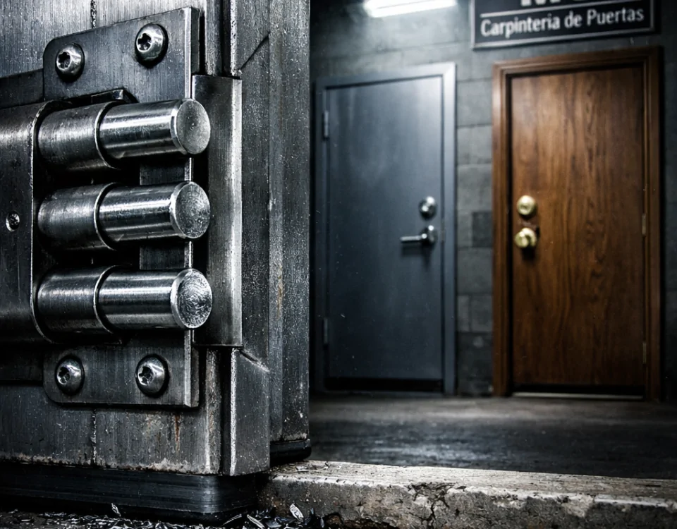 Fotografía tensa de puertas de seguridad: comparativa entre puertas acorazadas y otros tipos en un corredor industrial.