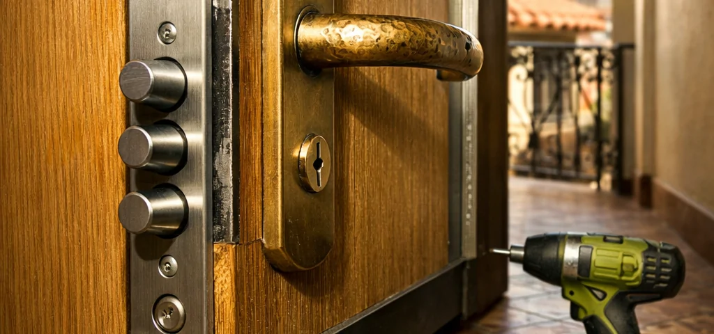 Puerta acorazada en un pasillo de Barcelona, con detalles de instalación y herramientas; ideal para quienes buscan "Donde puedo comprar puertas acorazadas con instalacion incluida en Barcelona".