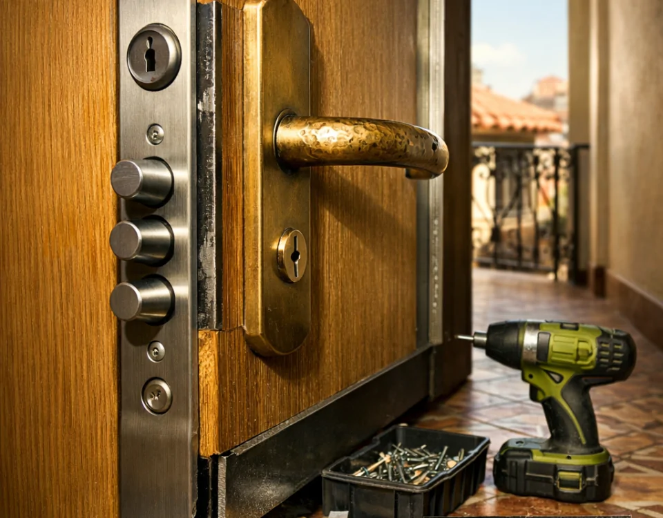 Puerta acorazada en un pasillo de Barcelona, con detalles de instalación y herramientas; ideal para quienes buscan "Donde puedo comprar puertas acorazadas con instalacion incluida en Barcelona".