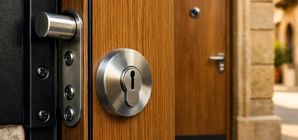 Puerta blindada de roble en Barcelona, destacando su seguridad y diseño, ideal para casas en la ciudad.