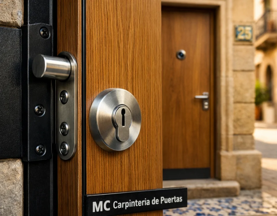 Puerta blindada de roble en Barcelona, destacando su seguridad y diseño, ideal para casas en la ciudad.
