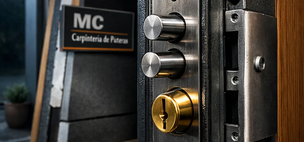 Primer plano de una puerta acorazada con cerradura de múltiples puntos, mostrando opciones de puertas acorazadas para mejorar la seguridad del hogar.