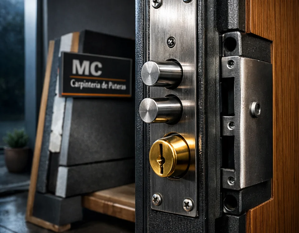 Primer plano de una puerta acorazada con cerradura de múltiples puntos, mostrando opciones de puertas acorazadas para mejorar la seguridad del hogar.