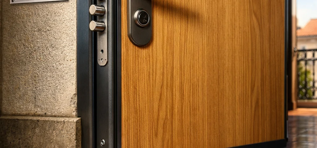 Entrada de apartamento acorazado en Barcelona, destacando puerta robusta y detalles de cerámica; ofertas actuales disponibles.