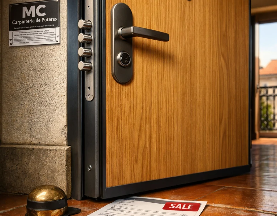 Entrada de apartamento acorazado en Barcelona, destacando puerta robusta y detalles de cerámica; ofertas actuales disponibles.