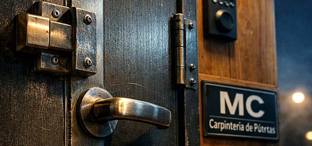 Puerta blindada de metal con detalles de seguridad, iluminada por luz cálida; refleja cómo afectan las puertas blindadas a la seguridad del hogar.