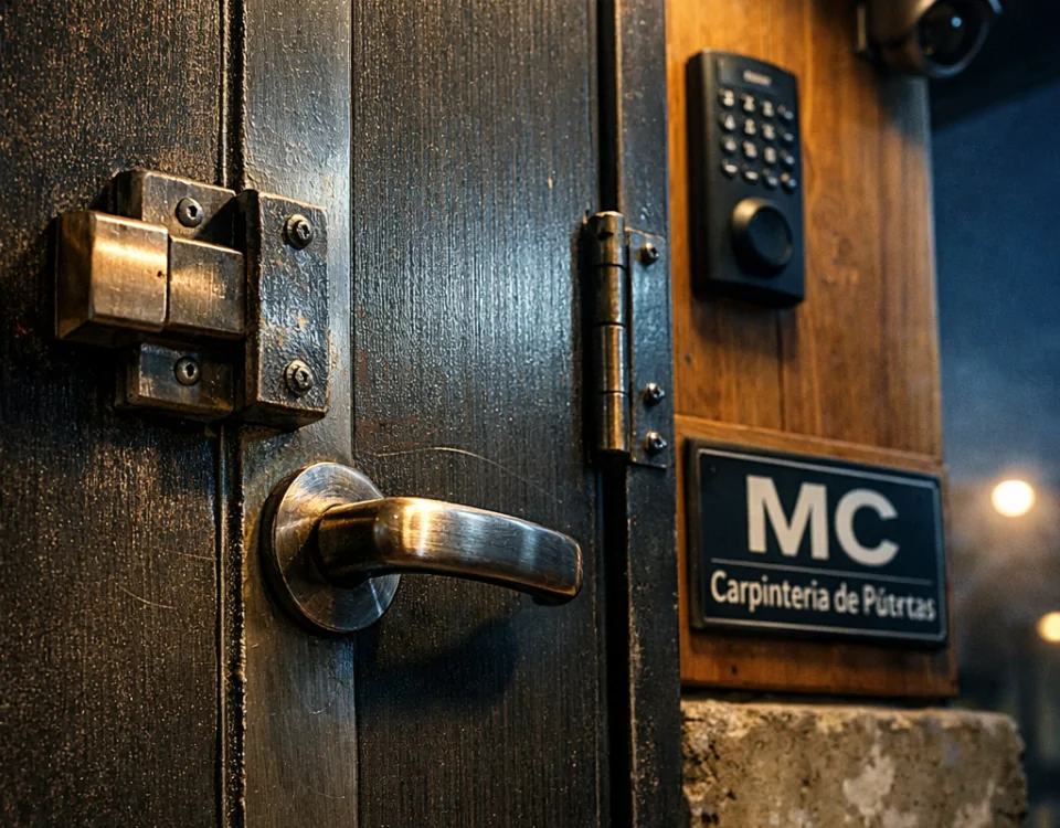 Puerta blindada de metal con detalles de seguridad, iluminada por luz cálida; refleja cómo afectan las puertas blindadas a la seguridad del hogar.