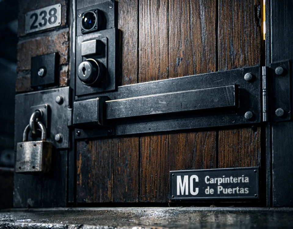 Entrada residencial fortificada con puerta de roble y refuerzos de acero, ideal para prevenir la okupación ilegal de viviendas.