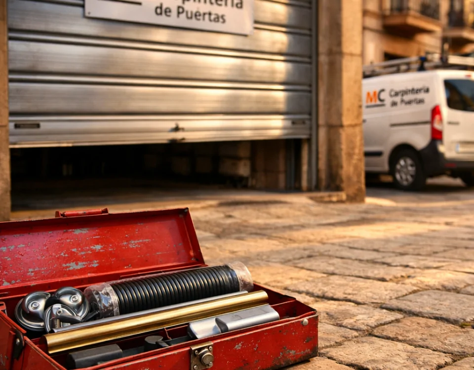 Escena en Barcelona con una puerta de garaje y herramientas, ideal para encontrar donde contratar una empresa de calidad para reparar mi puerta de garaje en Barcelona.