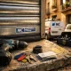 Escena de un garaje en Barcelona con herramientas, furgonetas y fachadas cálidas; Cuales son las empresas mas recomendadas para reparar puertas de garaje en Barcelona.
