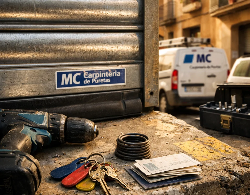 Escena de un garaje en Barcelona con herramientas, furgonetas y fachadas cálidas; Cuales son las empresas mas recomendadas para reparar puertas de garaje en Barcelona.