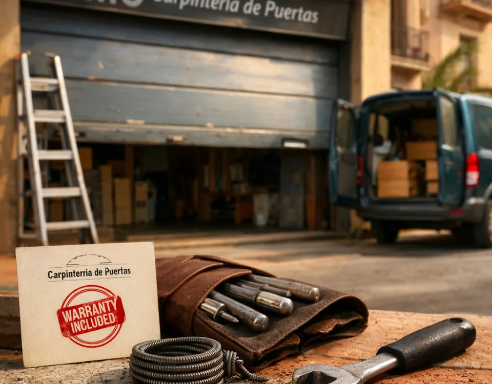 Puerta de garage en Barcelona con herramientas y garantía incluida, luz cálida de tarde, ambiente confiable y tranquilo.