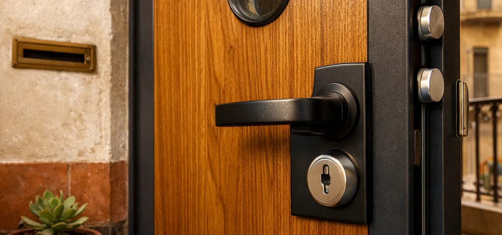 Entrada de apartamento de alta seguridad en Barcelona, con puerta de roble miel y detalles en acero, mostrando seguridad y confort. Cuales son las mejores puertas blindadas en Barcelona.