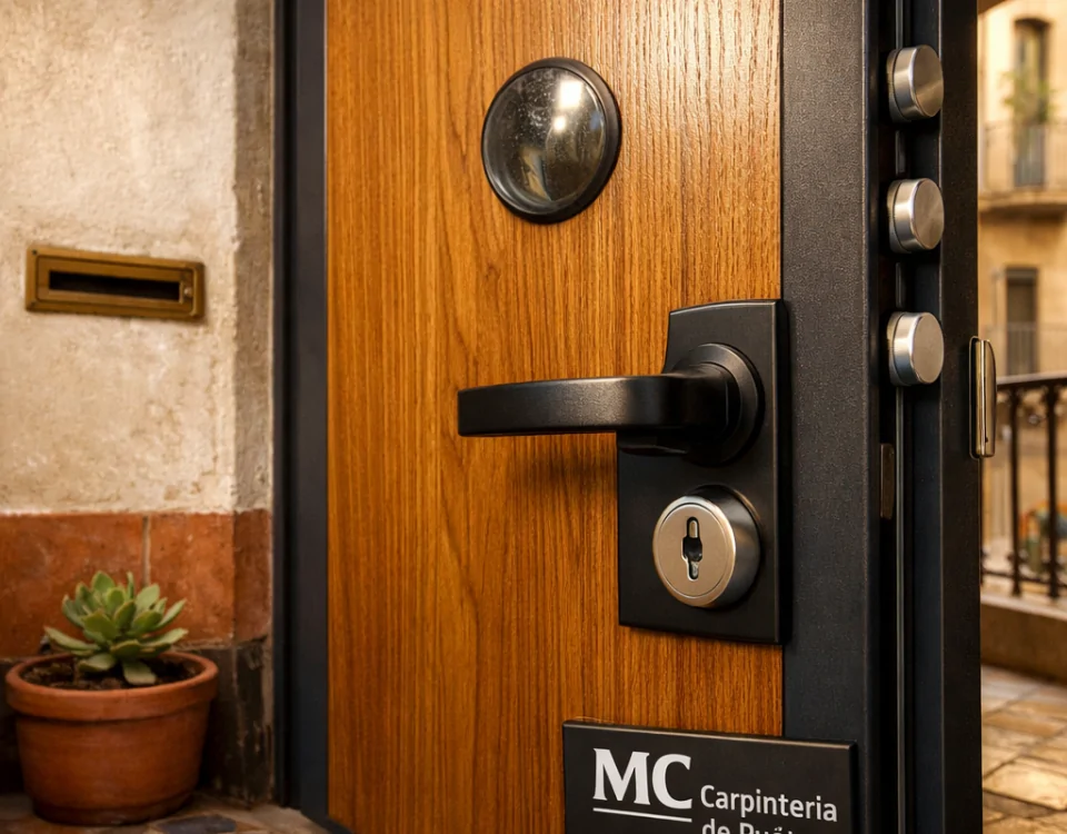 Entrada de apartamento de alta seguridad en Barcelona, con puerta de roble miel y detalles en acero, mostrando seguridad y confort. Cuales son las mejores puertas blindadas en Barcelona.