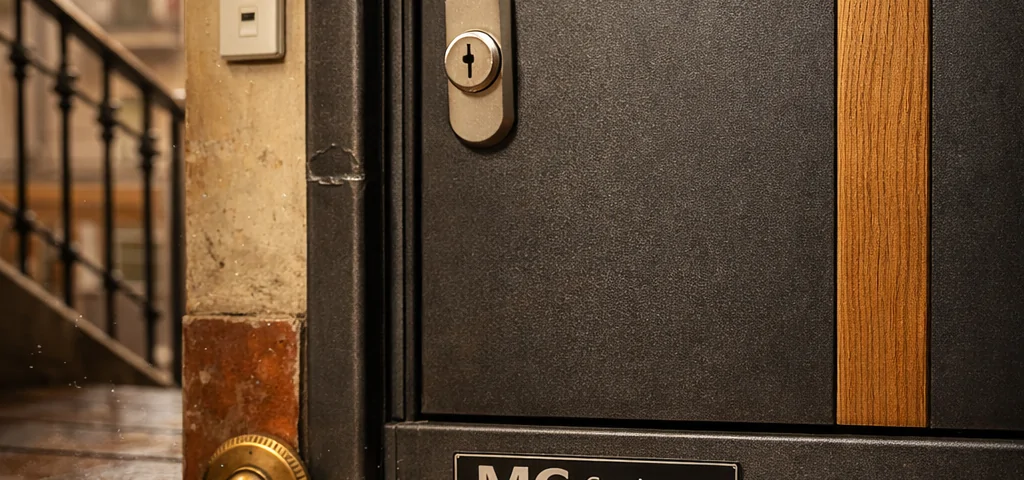Estudio fotorealista de una puerta blindada en Barcelona; muestra detalles de seguridad y materiales, ideal para apartamentos. Que tipos de puertas blindadas son mas efectivas para apartamentos en Barcelona.