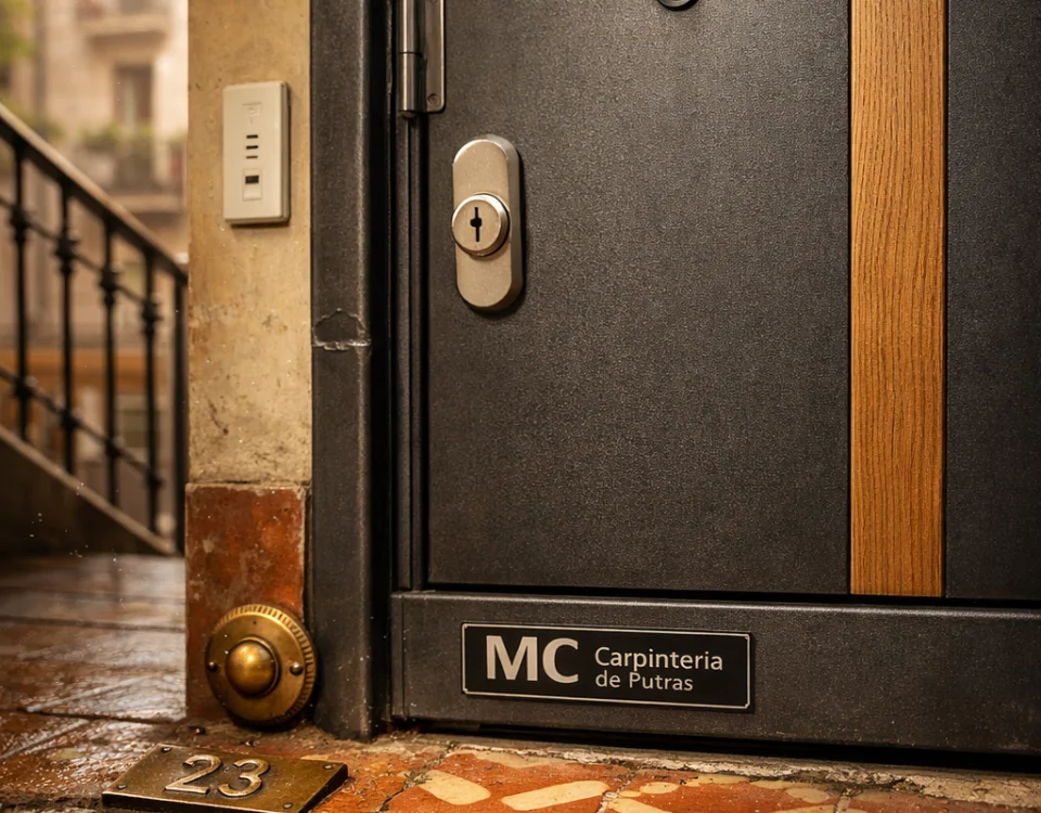 Estudio fotorealista de una puerta blindada en Barcelona; muestra detalles de seguridad y materiales, ideal para apartamentos. Que tipos de puertas blindadas son mas efectivas para apartamentos en Barcelona.
