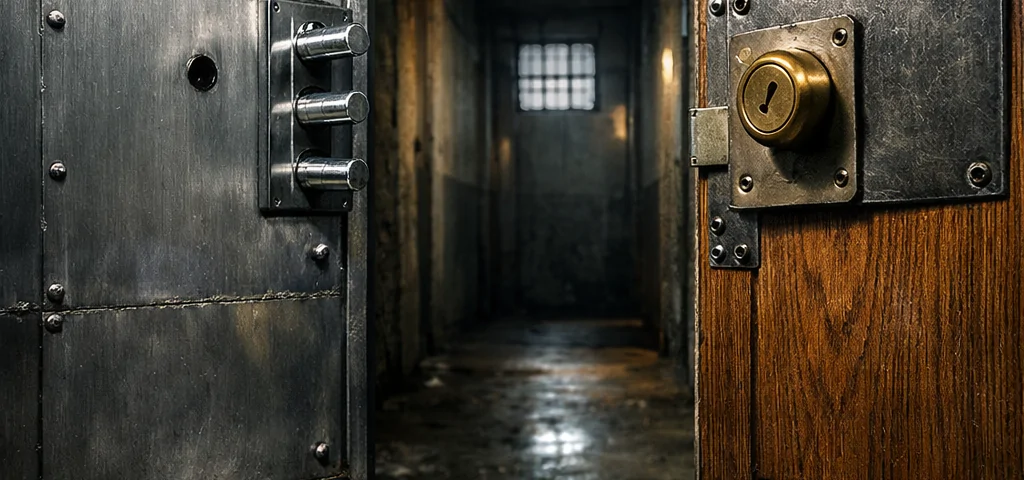 Dos puertas de seguridad en un pasillo oscuro: una acorazada de acero y otra blindada de madera, resaltando sus diferencias. Cuales son las principales diferencias entre puertas blindadas y acorazadas en terminos de segurid.