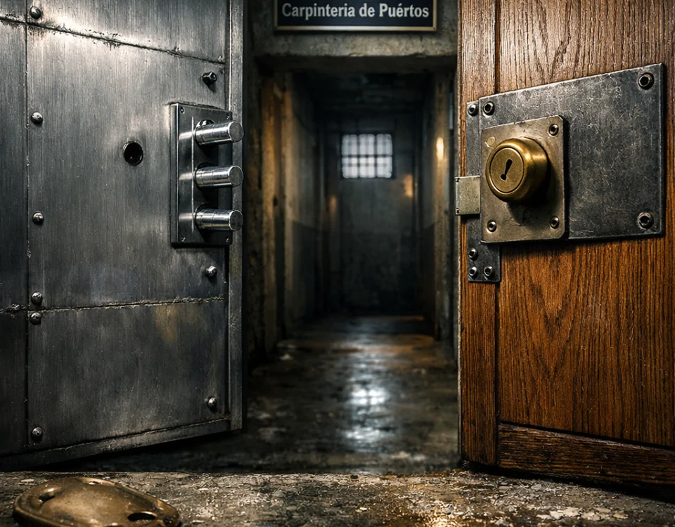 Dos puertas de seguridad en un pasillo oscuro: una acorazada de acero y otra blindada de madera, resaltando sus diferencias. Cuales son las principales diferencias entre puertas blindadas y acorazadas en terminos de segurid.