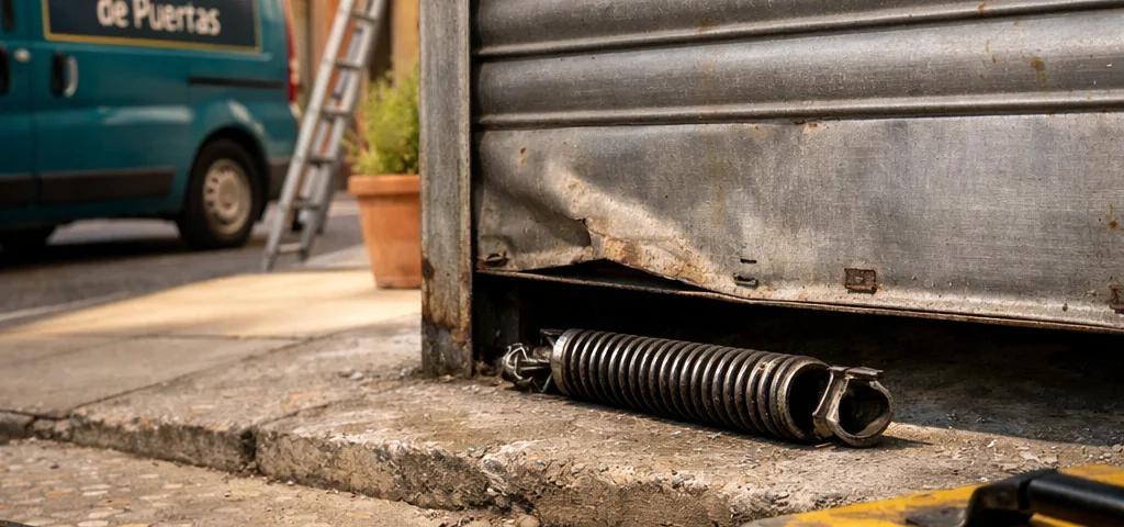 Un taller en Barcelona con herramientas y una puerta de garaje dañada; ideal para preguntar: "Donde puedo contratar un servicio de reparacion de puertas de garaje en Barcelona".