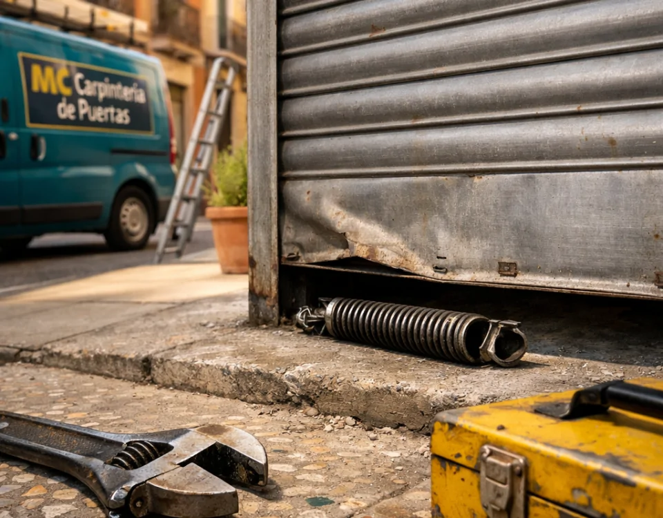 Un taller en Barcelona con herramientas y una puerta de garaje dañada; ideal para preguntar: "Donde puedo contratar un servicio de reparacion de puertas de garaje en Barcelona".