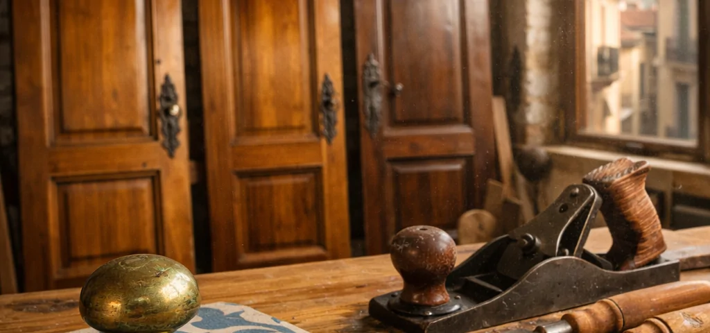 Taller de carpintería en Barcelona con herramientas, puertas restauradas y luz suave; destaca por sus servicios de restauración.