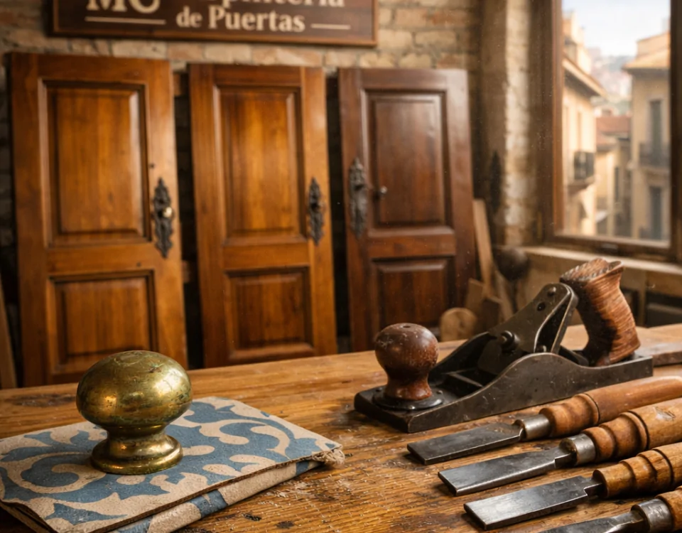 Taller de carpintería en Barcelona con herramientas, puertas restauradas y luz suave; destaca por sus servicios de restauración.