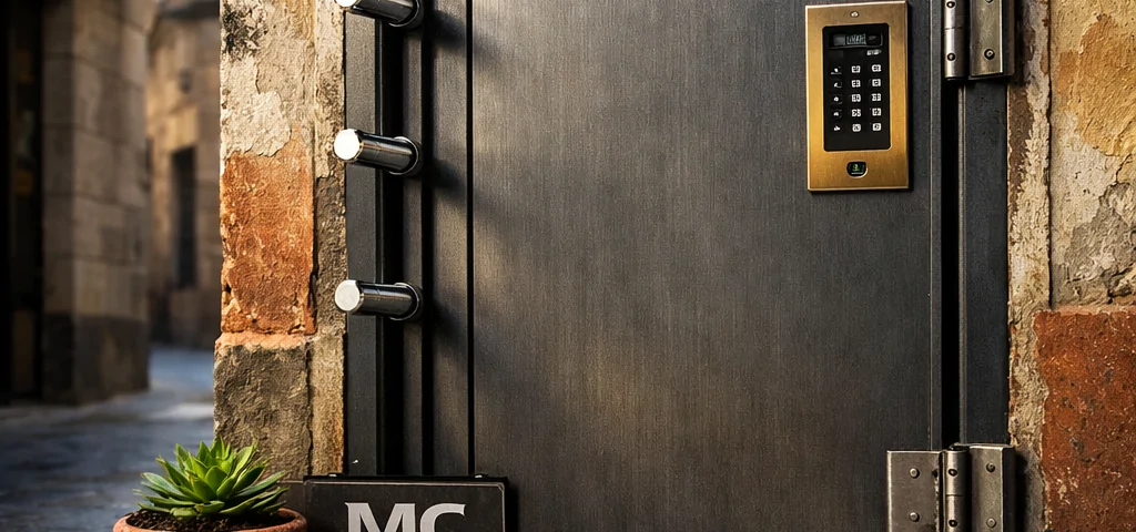Puerta acorazada imponente en un vestíbulo de Barcelona; busca "Donde puedo comprar puertas acorazadas con alta seguridad en Barcelona".