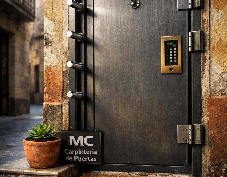 Puerta acorazada imponente en un vestíbulo de Barcelona; busca "Donde puedo comprar puertas acorazadas con alta seguridad en Barcelona".