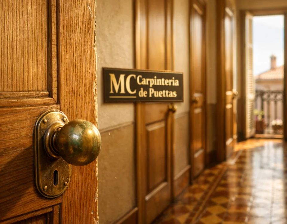 Pasillo soleado de un apartamento en Barcelona, mostrando las puertas de interior más populares en Barcelona, con detalles cálidos.