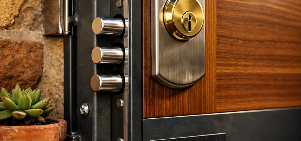 Puerta blindada de madera y acero en un apartamento de Barcelona, con detalles de instalación y un ambiente cálido y seguro. Cuales son los servicios mas efectivos para la instalacion de puertas blindadas en Barcelona.