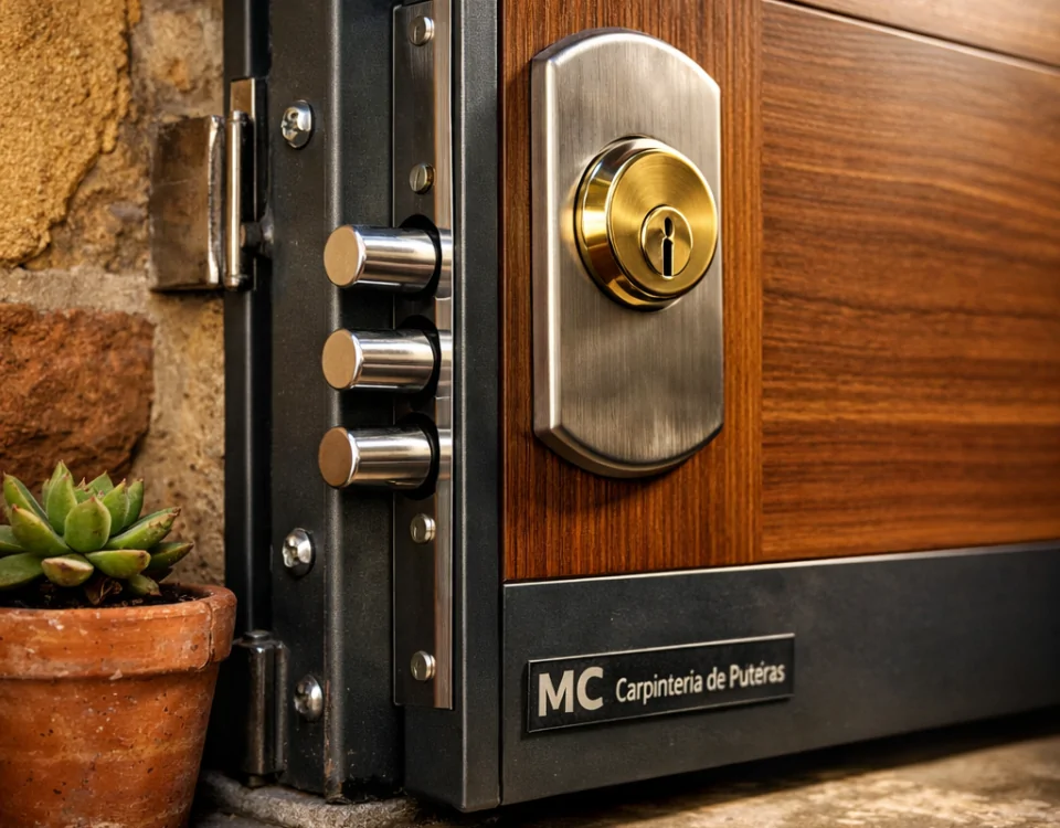 Puerta blindada de madera y acero en un apartamento de Barcelona, con detalles de instalación y un ambiente cálido y seguro. Cuales son los servicios mas efectivos para la instalacion de puertas blindadas en Barcelona.