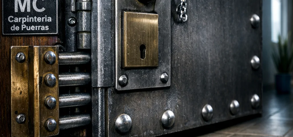 Estudio fotográfico de una puerta blindada en Barcelona, destacando texturas y detalles del hardware.