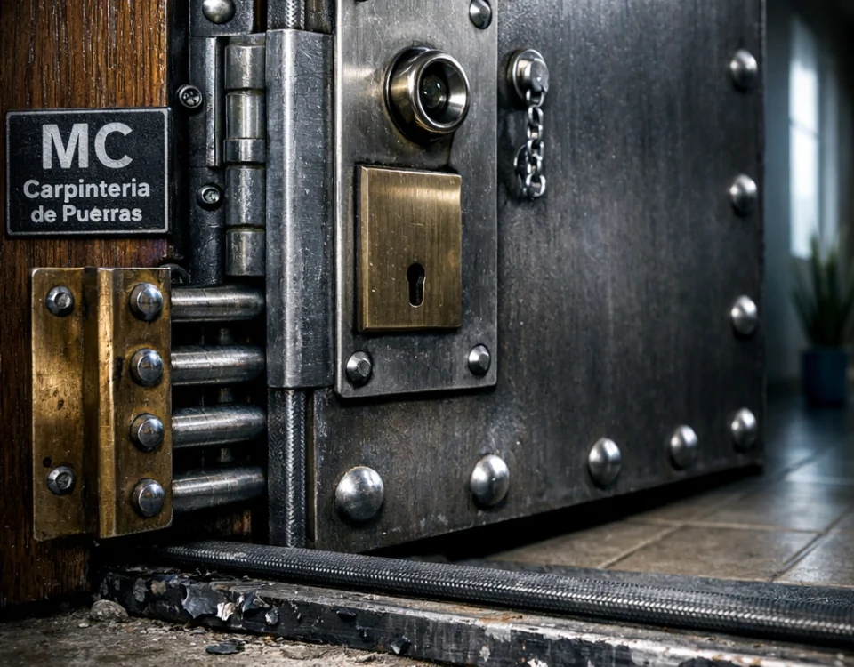 Estudio fotográfico de una puerta blindada en Barcelona, destacando texturas y detalles del hardware.