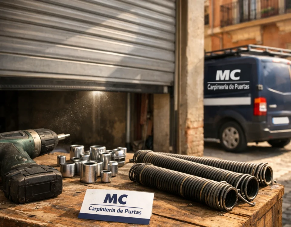 Escena de reparación de puertas de garaje en Barcelona, herramientas en un crate, puerta a medio levantar, luz cálida. Cuales son las mejores empresas de reparacion de puertas de garaje en Barcelona.