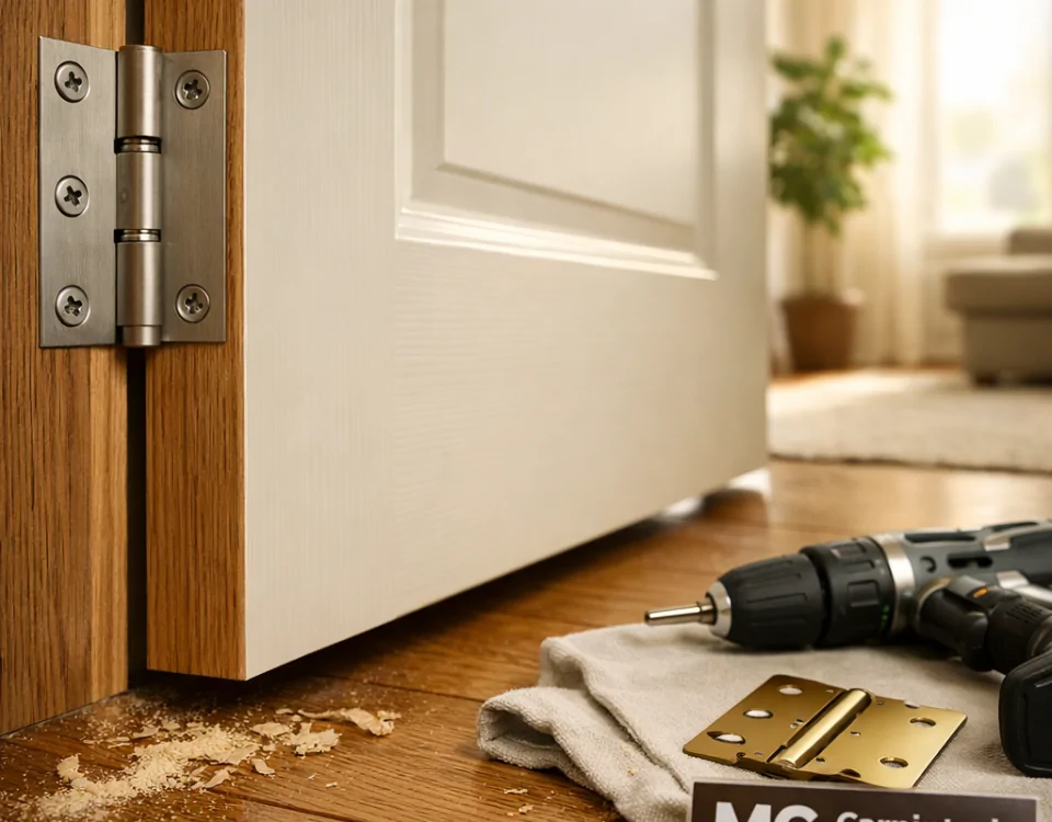 Puerta interior recién instalada entreabierta en un pasillo, con herramientas y materiales, reflejando comodidad y precisión. Comparativa de precios para la instalacion de puertas de interior en Barcelona.