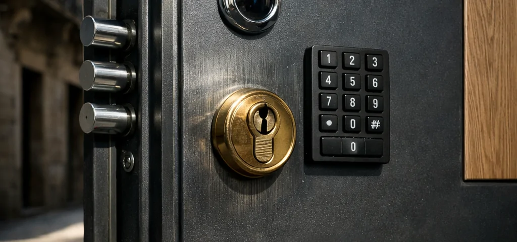 Entrada de apartamento blindada en Barcelona, mostrando puerta de acero y detalles de seguridad. Cuales son las puertas blindadas mas seguras disponibles en Barcelona.