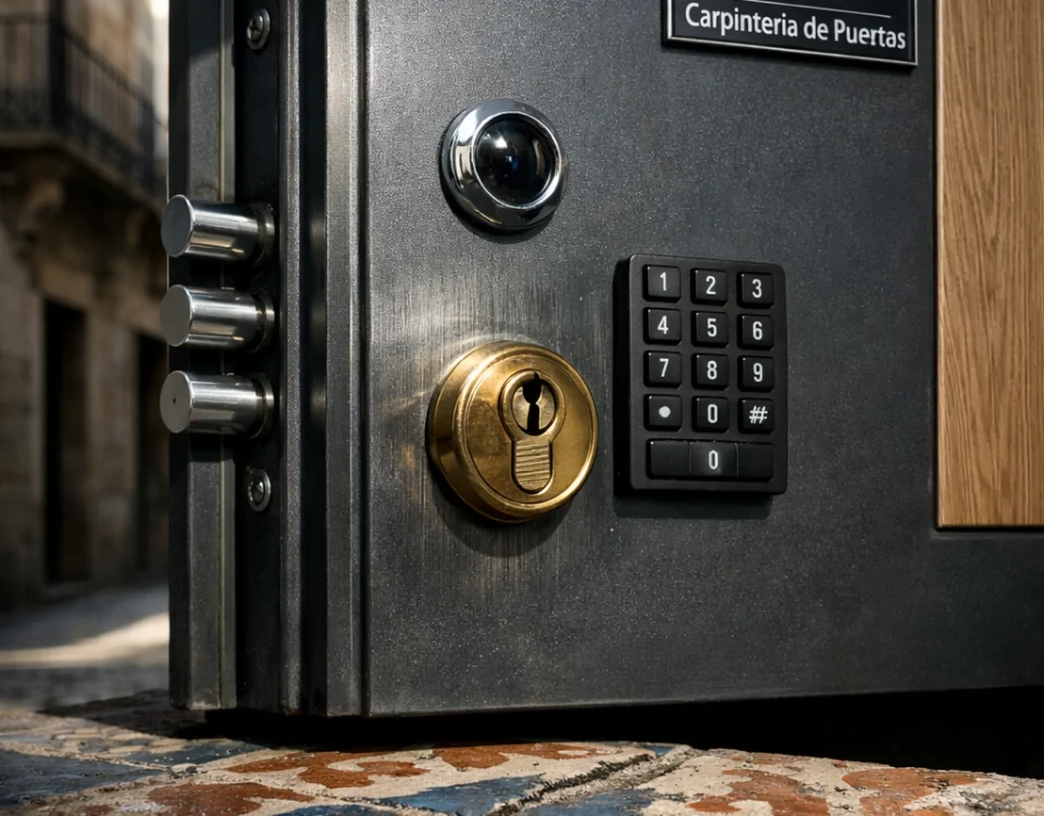 Entrada de apartamento blindada en Barcelona, mostrando puerta de acero y detalles de seguridad. Cuales son las puertas blindadas mas seguras disponibles en Barcelona.